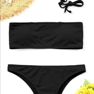 Black Tube Top and Bottom Bikini Set with Straps